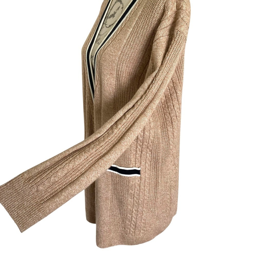 Talbots Cable Knit long Cardigan Sweater Size M Button down Cotton Preppy Tipped - Picture 11 of 17
